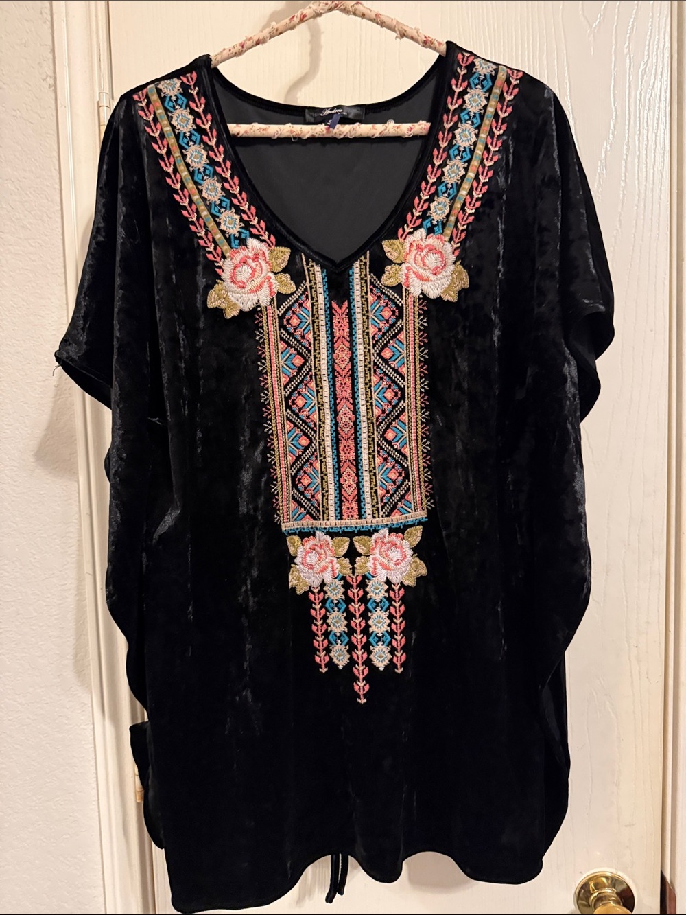 Embroidered Black Velvet Women’s V-Neck Tunic top
